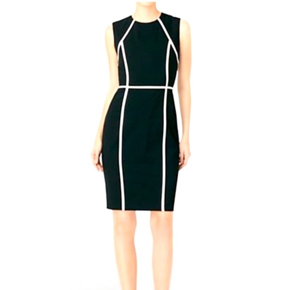 NEW CALVIN KLEIN BODYCON BLACK WITH WHITE PIPING SHEATH DRESS SZ 6 PANEL - Picture 2 of 9